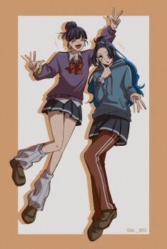 2girls ado_(utaite) bangs_pinned_back black_skirt blue_hair blue_hoodie blue_nails border bow bowtie brown_shoes chando_(ado) cloud_nine_inc commentary company_connection double_v double_w gyaru gyaru_v highres hood hood_down hoodie keeko_(kk_0012) leg_warmers loafers mole mole_under_eye multiple_girls nail_polish one_eye_closed open_mouth orange_border outside_border pants pants_under_skirt pleated_skirt purple_sweater red_bow red_bowtie red_pants school_uniform shirt shoes skirt sweater track_pants utaite v w white_leg_warmers white_shirt yoshino_(utaite)