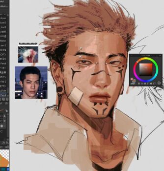 1boy adobe_photoshop alternate_costume anti-eyebrow_piercing art_program_in_frame bandaid bandaid_on_cheek bandaid_on_face bridge_piercing brown_eyes brown_hair cat closed_mouth collared_shirt color_wheel commentary crew_cut cropped_shoulders ear_piercing eyebrow_cut eyebrow_piercing face_piercing facial_tattoo grey_background jujutsu_kaisen labret_piercing lip_piercing looking_ahead meme_inset mouth_piercing open_clothes open_shirt photo_inset photoshop_(medium) piercing plug_(piercing) portrait reference_inset ryoumen_sukuna_(jujutsu_kaisen) shirt sketch sketch_inset spiked_ear_piercing tattoo to_0fu white_shirt