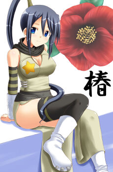 1girl arms_behind_back ass black_hair black_scarf blue_eyes breasts camellia cleavage covered_erect_nipples flower head_tilt high_ponytail highres japanese_clothes lask leggings long_hair looking_at_viewer medium_breasts nakatsukasa_tsubaki ninja ponytail scarf sitting soul_eater star_(symbol) white_background