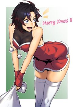 1girl black_hair christmas dress dyun english_text fingerless_gloves gloves grey_eyes highres holding holding_sack knapsack multicolored_hair open_mouth red_dress red_gloves red_hair ruby_rose rwby sack santa_costume short_hair socks solo thighhighs two-tone_hair white_thighhighs