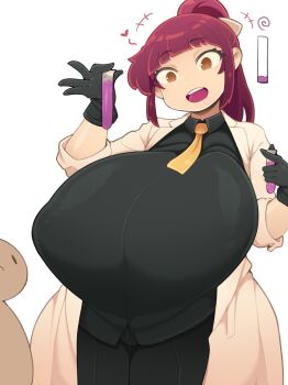 1boy 1girl age_difference bald breasts brown_eyes gloves heart hoshino_azuha huge_breasts long_hair mattaku_saikin_no_tantei_to_kitara open_mouth ponytail red_hair shinolara simple_background size_difference spitroast white_background