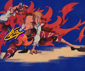 1boy blonde_hair capri_pants coat donquixote_doflamingo earrings ebidenai fighting_stance full_body highres jewelry leg_hair male_focus muscular muscular_male on_one_knee one_piece open_clothes open_mouth open_shirt pants pink_coat shirt short_hair sunglasses teeth tongue tongue_out upper_teeth_only white_shirt