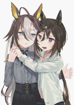 Rule 34 | 2girls, absurdres, ahoge, animal ears, arms around neck, black pants, black ribbon, black skirt, blonde hair, blue eyes, blush, brown hair, closed mouth, collared shirt, colored inner animal ears, commentary request, dream journey (casual) (umamusume), dream journey (umamusume), ear ornament, glasses, grey hair, grey shirt, hair between eyes, heads together, high-waist pants, highres, horse ears, horse girl, horse tail, hug, long sleeves, midriff peek, multicolored hair, multiple girls, neck ribbon, open mouth, pants, parted lips, ponytail, purple eyes, ribbon, round eyewear, shirt, shunka shuto, simple background, skirt, smile, stay gold (umamusume), tail, twitter username, umamusume, upper body, white background, white shirt