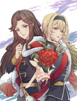 2girls absurdres artist_name back-to-back belt belt_buckle black_hairband black_jacket black_skirt blonde_hair blue_background bow brown_hair buckle closed_mouth commentary_request epaulettes fingernails flower from_side fur-trimmed_jacket fur_trim grey_skirt hair_between_eyes hair_bow hair_ornament hairband half_updo hand_on_own_chest hand_up hands_up highres holding holding_flower itsuki_(itsukiovo) jacket jacket_on_shoulders light_smile long_hair long_sleeves looking_at_viewer looking_to_the_side multiple_girls outstretched_arm parted_bangs pink_eyes pleated_skirt purple_background purple_bow purple_eyes reaching reaching_towards_viewer red_flower red_jacket red_rose red_sash rose saijou_claudine sash shoujo_kageki_revue_starlight shoulder_sash sidelocks skirt standing tendou_maya two-tone_background upper_body white_background x_hair_ornament yellow_belt