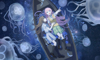 Rule 34 | 2girls, bang dream!, bang dream! it's mygo!!!!!, black shoes, black socks, blue eyes, boat, brown hair, brown shoes, chihaya anon, closed mouth, commentary, couple, dress, english commentary, fang, from above, green necktie, green skirt, grey eyes, haneoka school uniform, holding hands, jellyfish, kneehighs, long hair, long sleeves, looking at another, lying, miramaxwell, multiple girls, nagasaki soyo, necktie, on back, on boat, open mouth, pink hair, plaid clothes, plaid skirt, pleated skirt, pointing, sailor dress, school uniform, shoes, sidelocks, skirt, smile, socks, sweater vest, tsukinomori school uniform, watercraft, white dress, yellow sweater vest, yuri