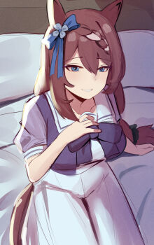 1girl absurdres animal_ears blue_bow blue_eyes bow braid breasts brown_hair ear_bow hair_between_eyes hand_on_own_chest hand_up highres horse_ears horse_girl horse_tail iog626 large_breasts long_hair low-tied_long_hair multicolored_hair on_bed parted_lips puffy_short_sleeves puffy_sleeves purple_shirt sailor_collar shirt short_sleeves single_braid sitting skirt solo super_creek_(umamusume) tail umamusume very_long_hair white_hair white_sailor_collar white_skirt