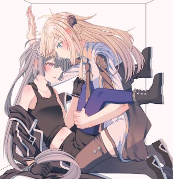 2girls black_boots black_gloves black_jacket black_shorts black_tank_top black_thighhighs blonde_hair blue_eyes blush boots closed_mouth ear_blush emptyayya gloves grey_hair highres jacket long_hair midriff multiple_girls pantyhose parted_lips pink_eyes purple_pantyhose shorts sky_striker_ace_-_raye sky_striker_ace_-_roze stuck_in_a_box sweat tank_top thighhighs yu-gi-oh! yuri