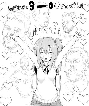 ! 1boy 1girl 2022 2022_fifa_world_cup absurdres age_difference argentina argentinian_flag blush breasts candy character_name character_request cheering closed_eyes eighth_note endou_aina facial_hair fingernails food food_in_mouth greyscale hair_between_eyes hair_bobbles hair_ornament happy highres kyokucho lionel_messi looking_to_the_side lovely_aina-chan medium_breasts monochrome multiple_views musical_note original plaid_clothes plaid_skirt pleated_skirt real_life realistic side_ponytail sidelocks simple_background sitting sketch skirt smile soccer spoken_musical_note standing sweat sweater tears world_cup
