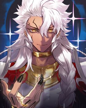 1boy black_nails braid dark-skinned_male dark_skin facial_mark fate/grand_order fate_(series) grand_caster_(fate) highres jewelry light_smile long_hair male_focus poppoman ring solomon_(fate) white_hair yellow_eyes