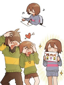 3others =_= androgynous arrow_through_heart blue_shorts blue_sweater blunt_bangs brown_hair brown_pants brown_shorts chara_(undertale) child child's_drawing closed_eyes covered_eyes crayon crayon_drawing deltarune drawing_(action) drawing_(object) facing_viewer feet_out_of_frame frisk_(undertale) green_sweater hands_on_own_face hands_up heart heart_pendant highres holding holding_crayon holding_drawing jewelry kris_(deltarune) long_sleeves multiple_others musical_note no_nose open_mouth other_focus pants pendant scared sequential shaded_face short_hair shorts simple_background smile sparkle standing sweater tadeno undertale utdr_(toby_fox) white_background
