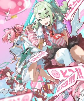 3girls angels_of_delusion aqua_hair aqua_streaks aria_(zenless_zone_zero) arm_warmers bandaid bandaid_hair_ornament bangboo_(zenless_zone_zero) black_hair black_skirt black_thighhighs blue_eyes bow center_frills checkered_necktie closed_mouth clothing_cutout colored_inner_hair detached_sleeves dress earrings fingerless_gloves frilled_sleeves frills fur-trimmed_skirt fur-trimmed_sleeves fur_trim gloves glowstick green_bow green_eyes green_hair green_halo hair_bow hair_ornament halo hashtag-only_commentary heart heart_hair_ornament highres holding holding_glowstick jewelry kumi0214ml layered_dress leg_up leg_warmers looking_at_another multicolored_hair multiple_girls multiple_hair_bows multiple_hair_clips musical_note_earrings nangong_yu navel navel_cutout necktie open-toe_shoes open_mouth outstretched_arms penlight_(glowstick) pink_arm_warmers pink_background pink_bag pink_bow pink_gloves pink_hair pink_leg_warmers red_eyes red_necktie shirt shoes short_twintails single_thighhigh skirt sleeve_bow sparkle streaked_hair striped_arm_warmers striped_leg_warmers sunna_(zenless_zone_zero) tears thighhighs torn_clothes torn_thighhighs twintails white_dress white_shirt white_shoes white_thighhighs white_wings winged_bag wings zenless_zone_zero