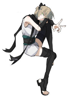 1girl ahoge bare_shoulders black_bow black_thighhighs blonde_hair blush bow breasts fate/grand_order fate_(series) full_body hair_between_eyes hair_bow highres japanese_clothes ki_wa001 kimono knee_up long_hair looking_at_viewer medium_breasts obi okita_souji_(fate) okita_souji_(koha-ace) okita_souji_(second_ascension)_(fate) sash scarf shirt short_hair short_kimono simple_background sleeveless sleeveless_kimono smile solo thighhighs thighs v white_background white_kimono yellow_eyes