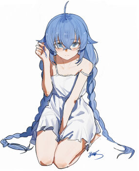 1girl absurdres ahoge bad_anatomy bare_arms bare_legs bare_shoulders barefoot between_legs blue_eyes blue_hair blush braid breasts chemise cleavage closed_mouth collarbone crossed_bangs dogeza dress feet full_body hair_between_eyes hand_between_legs hand_up highres knee_blush kneeling loli long_braid long_hair looking_at_viewer low_twintails mushoku_tensei petite playing_with_own_hair roxy_migurdia seiza shoulder_blush signature simple_background sitting small_breasts soles solo spaghetti_strap straight-on strap_slip toes twin_braids twintails twirling_hair very_long_hair white_background white_chemise white_dress yisjhui