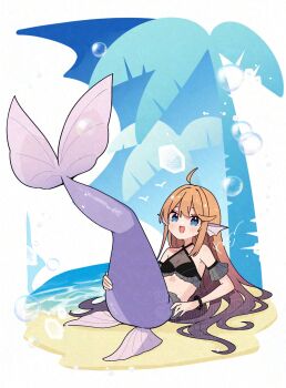 Rule 34 | 1girl, adversarial noise, ahoge, beach, bikini, bird, black arm garter, blue eyes, blue sky, blush, border, bracelet, breasts, brown hair, bubble, cleavage, cloud, cloudy sky, commentary request, criss-cross halter, day, detached sleeves, double-parted bangs, fins, halterneck, head fins, highres, jewelry, lens flare, long hair, long sidelocks, looking at viewer, lying, merfolk, merfolk out of environment, mermaid, monster girl, neruk0hasodatu, ocean, on back, open mouth, original, outdoors, palm tree, purple tail, sand, seagull, sidelocks, signature, sky, small breasts, solo, swimsuit, tail raised, tree, watermark, white border