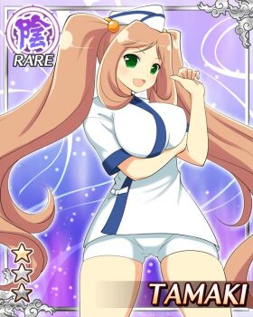 1girl arm_under_breasts arm_up border breasts brown_hair card_(medium) character_name english_text game_cg green_eyes hair_bobbles hair_ornament japanese_clothes large_breasts long_hair looking_at_viewer non-web_source official_alternate_costume official_art open_mouth senran_kagura senran_kagura_new_wave shirt shorts smile solo tamaki_(senran_kagura) twintails white_hair white_shirt white_shorts