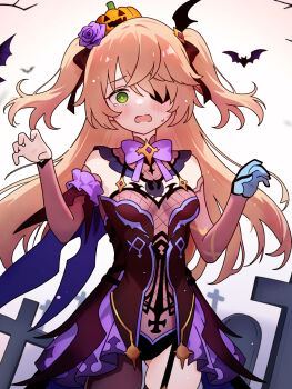 1girl asymmetrical_legwear bat_(animal) black_dress blonde_hair chikuzen1996 commentary cowboy_shot dress elbow_gloves eyepatch fischl_(genshin_impact) fishnet_top fishnets flower genshin_impact gloves gluteal_fold green_eyes hair_over_one_eye hair_ribbon highres jack-o&#039;-lantern long_hair looking_at_viewer multicolored_dress pumpkin purple_flower purple_ribbon ribbon scared solo tombstone twintails wavy_mouth wide-eyed