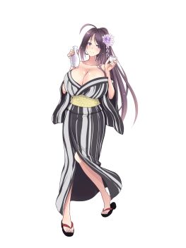 1girl ahoge bare_shoulders black_hair bottle breasts brown_eyes cleavage dairoku_ryouhei full_body hazuki_seika highres huge_breasts long_hair mole mole_under_eye sake_bottle sandals smile solo standing transparent_background two-tone_kimono very_long_hair yumeko_suise