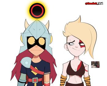 1boy 1girl arm_armor arm_guards armor asymmetrical_hair belt blonde_hair bracer brawl_stars breasts chain cleavage crop_top draco_(brawl_stars) facial_mark god_of_war helmet horns imminent_penetration kratos_(god_of_war)_(cosplay) long_hair looking_at_another lumi_(brawl_stars) nervous omelett_val parody raised_eyebrow red_hair scar scar_across_eye scar_on_face seductive_gaze short_hair shoulder_armor simple_background white_background wide-eyed