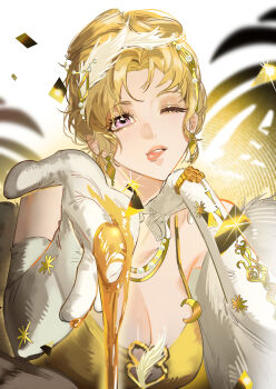 1girl absurdres blonde_hair breasts cleavage dripping elbow_gloves gloves highres honey jewelry large_breasts looking_at_viewer milly_(path_to_nowhere) one_eye_closed path_to_nowhere purple_eyes solo tongue tongue_out upper_body white_gloves yu_lan