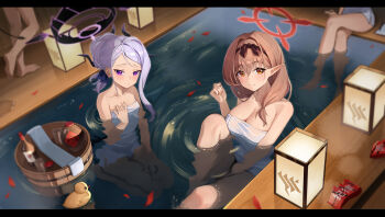 4girls absurdres afloat ahoge ako_(blue_archive) alternate_costume arm_support armband bare_shoulders black_halo blue_archive blurry bottle breasts brown_eyes brown_hair bucket chinatsu_(blue_archive) cleavage collarbone commentary_request crossed_legs dark-skinned_female dark_skin demon_girl demon_horns demon_tail depth_of_field gehenna_academy_logo hair_between_eyes hairband halo highres hina_(blue_archive) horns huahu_(unstoppable) in_water iori_(blue_archive) large_breasts long_hair looking_at_viewer multicolored_halo multiple_girls naked_towel onsen petals pointy_ears ponytail prefect_team_(blue_archive) purple_eyes red_armband red_halo rubber_duck sake_bottle shallow_water sidelocks sitting small_breasts tail towel two-tone_halo walking water white_hair wooden_bucket