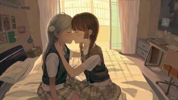 2girls absurdres black_sweater_vest blush braid brown_hair closed_eyes collared_shirt commentary_request curtains desk flower grey_hair grey_skirt hair_up hand_on_another&#039;s_neck highres indoors kiss kouroul lamp multiple_girls on_bed original plaid_clothes plaid_skirt pleated_skirt poster_(object) school_uniform shirt skirt sweat sweater_vest twin_braids white_flower white_shirt window yuri