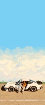 1boy brown_hair car cloud cloudy_sky day elbows_on_knees full_body grass highres knee_up looking_to_the_side motor_vehicle open_door orange_shirt original outdoors painterly road sam_yang scenery shirt sitting sky sky_focus socks solo street undershirt vehicle_request white_shirt white_socks