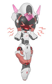 Rule 34 | > <, 1girl, blush, female focus, full body, hands on own cheeks, hands on own face, joints, open mouth, original, red eyes, robot girl, robot joints, simple background, smile, solo, standing, tosx, white background