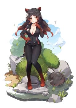 animal animal_ears baby_hippopotamus breasts brown_eyes cleavage finger_to_own_chin gloves hand_on_own_hip hippopotamus hippopotamus_(kemono_friends) hippopotamus_ears kemono_friends kemono_friends_kingdom official_art open_mouth red_gloves rivets water