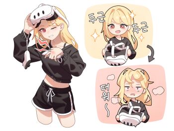 1girl artist_request black_shirt black_shorts blonde_hair commentary_request dolphin_shorts head-mounted_display highres korean_commentary long_hair looking_at_viewer navel one_eye_closed orange_eyes original shirt short_shorts shorts thighs