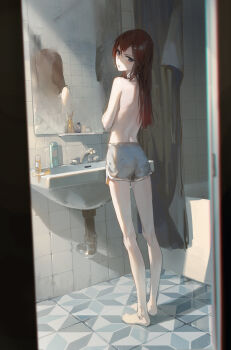 Rule 34 | 1girl, absurdres, back, bare legs, barefoot, bathroom, bathtub, blue eyes, blush, bottle, commentary, curtains, dino (dinoartforame), dolphin shorts, faucet, from behind, full body, head tilt, highres, indoors, legs, long hair, looking at viewer, looking back, makise kurisu, mirror, parted lips, red hair, reflection, science adventure, short shorts, shorts, sink, solo, standing, steins;gate, tile wall, tiles, topless female, v-shaped eyebrows