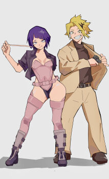1boy 1girl absurdres belt black_jacket boku_no_hero_academia cosplay full_body ghost_in_the_shell gun gyunyu_drop highres holding holding_gun holding_weapon jacket jiro_kyoka kaminari_denki kusanagi_motoko kusanagi_motoko_(cosplay) leotard looking_at_viewer purple_hair short_hair strapless strapless_leotard thighhighs togusa_(gits) togusa_(gits)_(cosplay) weapon white_leotard white_thighhighs