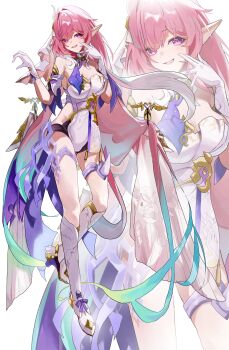 1girl absurdres aqua_hair bell black_shorts boots breasts commentary_request company_connection corset cosplay cyrene_(demiurge)_(honkai:_star_rail) cyrene_(honkai:_star_rail) diamond-shaped_pupils diamond_(shape) elysia_(herrscher_of_human:_ego)_(honkai_impact) elysia_(honkai_impact) elysia_(honkai_impact)_(cosplay) gloves half-heart_hands harutoman highres honkai:_star_rail honkai_(series) honkai_impact_3rd inoue_marina long_hair looking_at_viewer multicolored_hair pink_hair pointy_ears purple_eyes short_shorts shorts simple_background smile solo symbol-shaped_pupils thighs veil very_long_hair voice_actor_connection white_boots white_corset white_gloves white_hair white_veil yanning zoom_layer