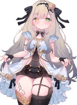 Rule 34 | 1girl, black bodysuit, black bow, black bowtie, black gloves, black nails, black ribbon, black thighhighs, blonde hair, bodysuit, bow, bowtie, closed mouth, commentary request, commission, cowboy shot, dress, earrings, eip (pepai), fingerless gloves, flower, flower earrings, gem, gloves, green eyes, green gem, green nails, hair flower, hair ornament, hair ribbon, heterochromia, highres, ibara muan, indie virtual youtuber, jewelry, leg tattoo, long hair, looking at viewer, loose hair strand, multicolored nails, nail polish, ribbon, short sleeves, simple background, skeb commission, skindentation, skirt hold, smile, solo, standing, tattoo, thigh sheath, thighhighs, two-tone nails, very long hair, white background, white dress, yellow eyes, yellow flower