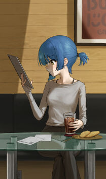 1girl absurdres alternate_costume alternate_hairstyle b1026 bench blue_hair blunt_sidelocks bocchi_the_rock! bra_strap bread bread_slice breasts brown_pants closed_mouth collarbone commentary crossed_legs cup drink english_commentary expressionless feet_out_of_frame film_grain fingernails food fork glass glass_table grey_sweater hair_tie hand_up highres holding holding_cup holding_tablet_pc ice ice_cube indoors light_blush long_sleeves looking_at_screen mole mole_under_eye on_bench pants paper plate ponytail poster_(object) short_ponytail sidelocks sitting sleeves_past_wrists small_breasts solo straight-on stuffed_toy sweater table tablet_pc turning_head wooden_wall yamada_ryo