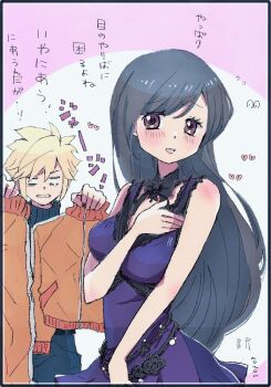 1boy 1girl bare_shoulders black_hair blonde_hair blue_dress blush breasts brown_eyes cloud_strife commentary_request cowboy_shot dress final_fantasy final_fantasy_vii final_fantasy_vii_remake flying_sweatdrops heart holding holding_jacket holding_pants holding_unworn_clothes jacket long_hair looking_at_another looking_at_viewer medium_breasts momontaon neck_ribbon official_alternate_costume open_mouth orange_jacket orange_pants pants parted_lips ribbon spiked_hair sweater tifa_lockhart tifa_lockhart_(refined_dress) track_jacket turtleneck turtleneck_sweater unworn_jacket unworn_pants