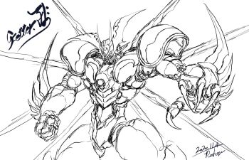 arm_blade artist_name character_name dated getter_arc getter_robo getter_robo_arc highres mecha mecha_focus monochrome no_humans open_hand robot ryu_suio_shou sketch solo super_robot weapon