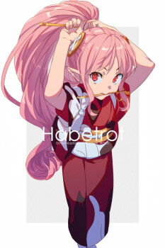 Rule 34 | 1girl, arms behind head, arms up, bow, breasts, button hair ornament, character name, commentary request, echo (circa), fate/grand order, fate (series), habetrot (fate), habetrot (over the same sky) (fate), hair bow, hair ornament, hair stick, high ponytail, japanese clothes, kimono, long hair, long sleeves, mouth hold, needle, obi, pink hair, pointy ears, ponytail, red eyes, red kimono, sash, sewing needle, sidelocks, small breasts, smile, tying hair
