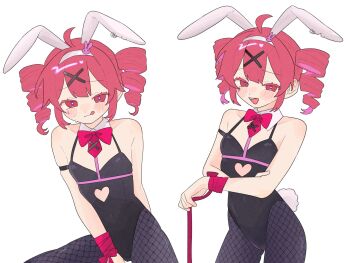 1girl animal_ears black_leotard black_pantyhose bow bowtie clothing_cutout collarbone commentary detached_collar drill_hair fake_animal_ears fake_tail fishnet_pantyhose fishnets hair_ornament hairband heart_cutout highres kasane_teto leotard looking_at_viewer multiple_views necktie ofo_j1 open_mouth pantyhose playboy_bunny rabbit_ears rabbit_hair_ornament rabbit_hole_(vocaloid) rabbit_tail red_bow red_bowtie red_eyes red_hair red_necktie red_ribbon ribbon short_necktie simple_background tail teeth tongue tongue_out twin_drills upper_teeth_only utau white_background white_hairband x_hair_ornament