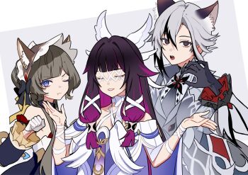 3girls animal_ear_fluff animal_ears arlecchino_(genshin_impact) bare_shoulders black_eyes black_hair black_hands brown_hair closed_eyes closed_mouth coat colored_extremities columbina_(genshin_impact) detached_sleeves dress eye_mask genshin_impact gloves gradient_hair grey_hair hair_between_eyes hair_ornament hands_up highres kemonomimi_mode long_hair long_sleeves looking_at_viewer maid_headdress mask multicolored_hair multiple_girls one_eye_closed open_mouth parted_lips paw_pose pout purple_hair red_pupils sandrone_(genshin_impact) scene_reference short_hair_with_long_locks simple_background smile streaked_hair symbol-shaped_pupils teeth upper_body upper_teeth_only white_dress white_gloves white_mask wing_hair_ornament x-shaped_pupils yuelinpanp98413