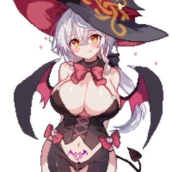 1girl :q alternate_costume arms_behind_back bare_shoulders blue_archive blush bow bowtie braid breasts demon_girl demon_tail demon_wings detached_collar eri_(blue_archive) hair_between_eyes halloween halloween_costume halo hat heart heart_tattoo large_breasts long_hair looking_at_viewer navel pixel_art pubic_tattoo red_bow red_bowtie side_halo smile solo tail tattoo tilted_halo tinia_etru tongue tongue_out wings witch_hat yellow_halo