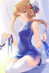 Rule 34 | 1girl, bare shoulders, blue dress, blue ribbon, blush, breasts, brown eyes, brown hair, chinese clothes, covered navel, dress, flower, hair flower, hair ornament, highres, holding, ina (inadahime), looking at viewer, original, ribbon, seiza, shoes, sidelocks, sitting, sleeveless, small breasts, solo, thighhighs, tsubaki-chan (ina (inadahime)), unworn shoes, white thighhighs