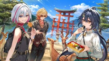 1boy 2girls architecture black_shirt black_shorts blonde_hair blue_hair blue_sky breasts chest_tattoo commentary_request deer east_asian_architecture food_request grey_eyes guest_art honkai:_star_rail honkai_(series) long_hair medium_breasts medium_hair multicolored_hair multiple_girls mydei_(honkai:_star_rail) outdoors red_hair red_tattoo shirt short_hair shorts sky smile streaked_hair sunglasses tattoo tcb topaz_(honkai:_star_rail) tree two-tone_hair very_long_hair water white_hair white_shirt yellow_eyes yunli_(honkai:_star_rail)
