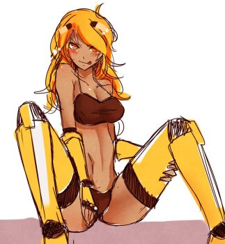 1girl artist_request bikini blaze_(minecraft) blonde_hair blush breasts dark-skinned_female dark_skin female_focus minecraft personification sitting smile solo swimsuit yellow_eyes yellow_legwear