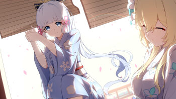 2girls absurdres ayaka_(genshin_impact) blonde_hair blue_eyes blue_kimono blue_pupils blunt_bangs chinese_commentary closed_eyes commentary_request flower genshin_impact grey_eyes hair_flower hair_ornament hair_ribbon highres japanese_clothes kimono long_hair long_sleeves low-tied_sidelocks lumine_(genshin_impact) mole mole_under_eye multiple_girls mxirony petals ponytail ribbon short_hair_with_long_locks sidelocks sitting smile white_hair wide_sleeves