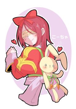 1girl bandam blindfold bow closed_mouth commentary_request dress hair_bow heart high_priest_(ragnarok_online) juliet_sleeves long_sleeves looking_back puffy_sleeves purple_background ragnarok_masters ragnarok_online red_bow red_dress short_hair smile solo stuffed_animal stuffed_rabbit stuffed_toy two-tone_background upper_body white_background