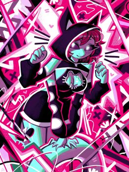Rule 34 | 1girl, abstract background, andaerz, animal ears, backless outfit, black tail, bow, breasts, cat cutout, cat ears, cat tail, claws, cleavage, cleavage cutout, clothing cutout, detached sleeves, extra arms, glowing, glowing eyes, highres, hood, hoodie, limited palette, medium breasts, medium hair, monster girl, original, red hair, tail, tail bow, tail ornament, white bow, white eyes