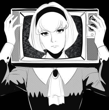 1girl ascot bags_under_eyes bob_cut brooch closed_mouth crt greyscale hairband jewelry long_sleeves looking_at_viewer megadeus_mommy monochrome r_dorothy_wayneright short_hair solo static television the_big_o upper_body