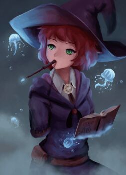 1girl alternate_costume amputee armless_amputee book bubble collared_shirt double_amputee eyelashes fantasy green_eyes hat highres holding holding_wand jellyfish katawa_shoujo mouth_hold open_book red_hair second-party_source shirt short_hair solo sorapoi tezuka_rin upper_body wand witch_hat