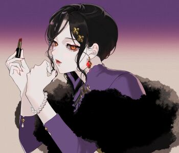 Rule 34 | 1girl, aegyo sal, black hair, bracelet, commentary request, cosmetics, earrings, eyelashes, gem, gradient background, highres, jewelry, lipstick, lipstick tube, long sleeves, looking at viewer, makeup, narumi hosokawa, nijisanji, official alternate costume, pearl bracelet, red eyes, red gemstone, red lips, shirayuki tomoe, shirayuki tomoe (party dress), sidelocks, simple background, solo, upper body, virtual youtuber