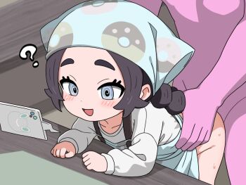 1boy 1girl :d ? @_@ ansha_(pokemon) apron black_hair blush commentary_request donut_print food_print gen_4_pokemon grey_eyes hetero hypnosis hypnosis_app leaning_forward loli loliageplant long_hair long_sleeves mind_control nintendo open_mouth pokemon pokemon_legends:_z-a rotom rotom_phone sex shirt smile table